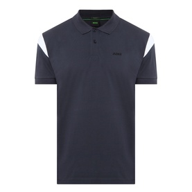 Boss Green Label dark blue polo shirt with white chevron panels on shoulders and short sleeves, ribbed collar, three-button placket