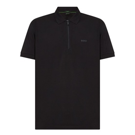 Boss Green Label Urban Tech Logo Polo Shirt in black with half-zip placket, polo collar, short sleeves, and tonal logo detail