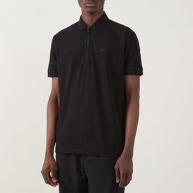 Model wearing Boss Green Label Urban Tech Logo Polo Shirt in black with half-zip placket, short sleeves, and tonal logo detail.