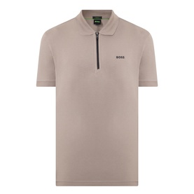 Boss Green Label men's polo in light pastel green, quarter-zip neckline, short sleeves, with embroidered BOSS logo to chest.