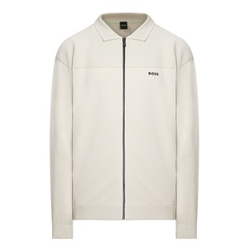 Boss Green Label light beige zip-through knit jacket with collar, front zip fastening and logo chest embroidery