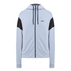 Boss Green Label Union Saggy Logo Zip Hoodie in Dark Grey with black tennis-inspired shoulder inserts, zip fastening, drawstring hood and embroidered