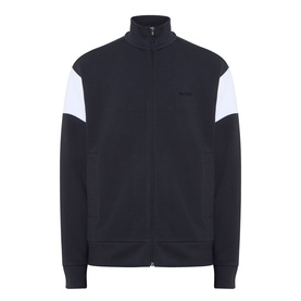 Boss Green Label Union Skaz Zip Through in dark blue with white contrast shoulder panels, funnel neck, front zip, and tonal chest logo