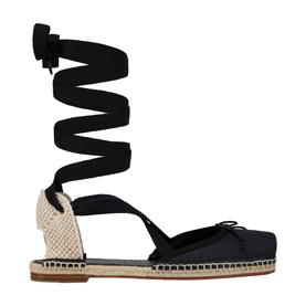 Christian Louboutin flat espadrille sandal in black canvas with natural jute trim and long black ankle-wrap ribbon ties