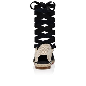Christian Louboutin gladiator espadrille sandal in black and natural, featuring woven toe cap, black lace-up ties and jute sole, rear view