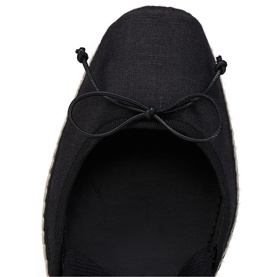 Christian Louboutin espadrille flat in black linen with natural jute sole and black bow tie detail, top-down view