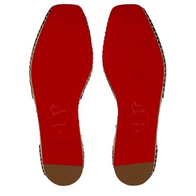 Christian Louboutin women's flat shoes, black and natural leopard print, shown sole-up revealing signature red lacquered outsole