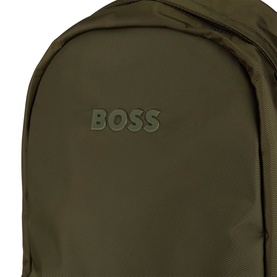 Hugo Boss Catch 3.0 Backpack in Open Green, close-up of tonal embossed logo on satin-finish polyester front panel