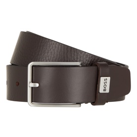 Hugo Boss Elio Leather Belt in dark brown grained leather with silver-toned rectangular buckle and metal BOSS logo plaque.