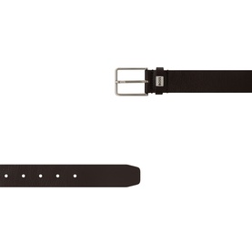Hugo Boss Elio Leather Belt in dark brown grained leather, silver-tone rectangular buckle and metal logo plaque, shown front and back.
