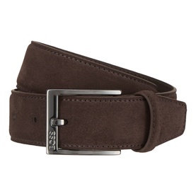 Hugo Boss dark brown suede leather belt with gunmetal rectangular buckle featuring embossed logo detail