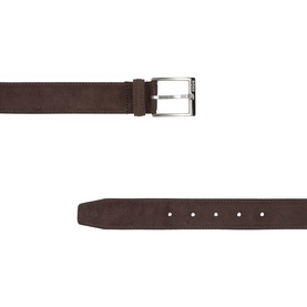 Hugo Boss dark brown suede-effect leather belt with silver-tone rectangular buckle, punch-hole fastening detail
