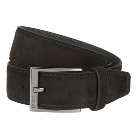 Hugo Boss black suede leather belt with silver-tone rectangular buckle and contrast stitching detail