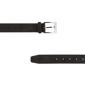 Hugo Boss black leather belt with silver-tone square buckle, shown flat with punch holes visible on second strap detail