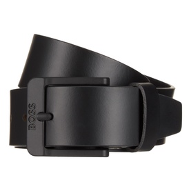 Hugo Boss black leather belt with matte gunmetal square buckle featuring embossed BOSS branding on strap