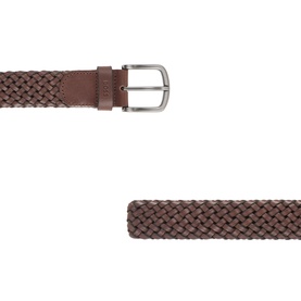 Hugo Boss Sash-WN2 Woven Leather Belt in dark brown with gunmetal-tone buckle, showing braided texture and leather keeper detail.