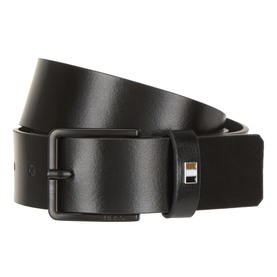 Hugo Boss black leather belt with matte black rectangular buckle and logo detail, laid flat