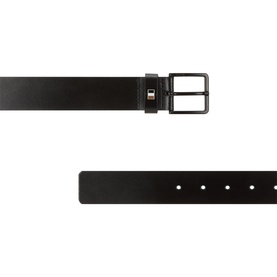 Hugo Boss black leather belt with gunmetal square buckle, shown flat with detail of punched holes and keeper loop