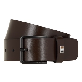 Hugo Boss Ther-B-Flag dark brown leather belt with matte black square buckle and engraved logo detail, smooth finish