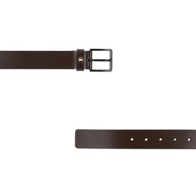 Hugo Boss Ther-B-Flag Leather Belt in dark brown, shown flat with square gunmetal buckle and engraved logo detail visible