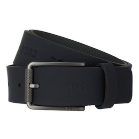 Hugo Boss Tintin Logo Belt in dark blue leather with debossed logo and gunmetal-tone rectangular buckle fastening