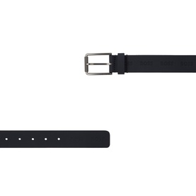 Hugo Boss Tintin Logo Belt in dark blue leather, shown front and back, with silver-toned square buckle and debossed logo detail