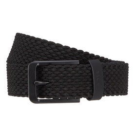 Hugo Boss black woven belt with matte black rectangular buckle, elasticated polypropylene and rubber construction