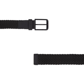 Hugo Boss black woven belt with matte black rectangular buckle, shown in two detail views highlighting texture and hardware.