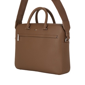 Hugo Boss Ray S Doc Briefcase in medium brown grained finish, silver-tone hardware, front zip pocket, dual top handles and adjustable shoulder strap