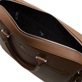 Hugo Boss Ray S Doc Briefcase in medium brown grained finish, open top view showing black interior lining, silver-tone zip hardware