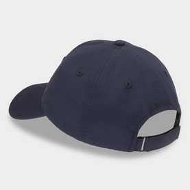 Hugo Boss dark blue polyamide cap, rear view showing curved brim, structured crown, and adjustable back strap closure.