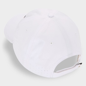 Hugo Boss Lach-Toc-N Perforated Logo Cap in white, showing top-down view of curved visor, perforated details, and adjustable back strap.