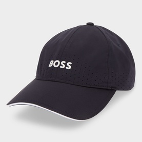 Hugo Boss Lach-Toc-N Perforated Logo Cap in dark blue with white gloss BOSS lettering, curved visor, and perforated side panels