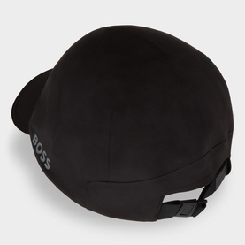 Hugo Boss Pryimus Logo Cap in black, rear view showing adjustable fastening, contrast grey trim edge and reflective logo detail