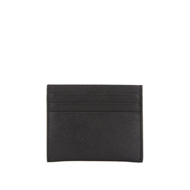 Hugo Boss black leather cardholder with embossed cross-hatch texture and multiple card slots, flat lay back view.