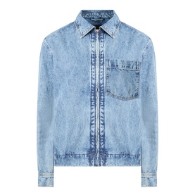 Hugo Boss Orange Luney Denim Jacket in turquoise mid-wash cotton, point collar, front zip fastening, chest patch pocket, long sleeves