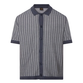 Hugo Boss Orange Kodd Stripe Shirt in dark blue, short-sleeve knit cardigan with vertical stripe pattern, flat collar, and button fastening