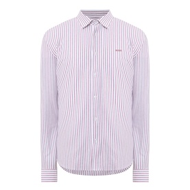 Hugo Boss Orange Mysoft Logo Striped Shirt in medium red, white cotton with chest logo, long sleeves and curved hemline