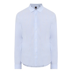 Hugo Boss Orange Mysoft Stripe Shirt in Open Blue, spread collar, long sleeves, single cuff, curved hemline, cotton