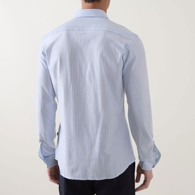 Model wearing Hugo Boss Orange Mysoft Stripe Shirt in Open Blue, rear view showing stripe pattern, spread collar and long sleeves with single cuff