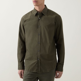 Model wearing Hugo Boss Orange bright green cotton casual shirt with button placket and classic collar, long sleeves