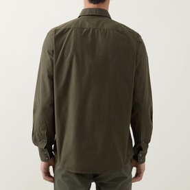 Model wearing Hugo Boss Orange bright green cotton casual shirt, rear view showing collar, long sleeves and button cuffs