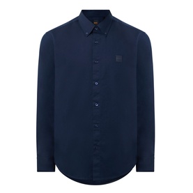 Hugo Boss Orange Ricoplus Logo Casual Shirt in dark blue, button-down collar, long sleeves, logo patch, curved hem, twill finish
