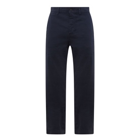 Hugo Boss Orange dark blue cotton chino trousers with straight leg, belt loops, and zip fly, flat lay