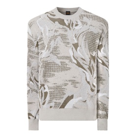 Hugo Boss Orange Afloralo Jacquard Relaxed Fit Sweater in light beige, crew neck, long sleeves, abstract jacquard knit pattern, ribbed cuffs