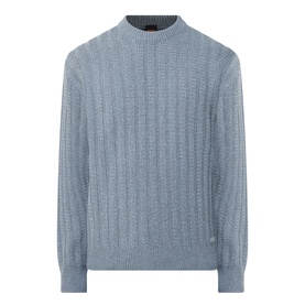 Hugo Boss Orange Arkingo Texture Rib Sweater in Open Grey, vertical cable knit, crew neck, long sleeves, ribbed trims, metal logo plaque
