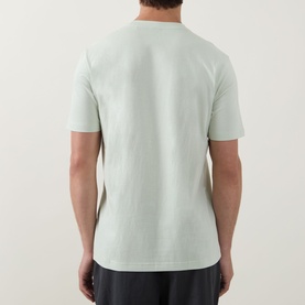 Model wearing Hugo Boss Orange Open Green crew neck T-shirt, back view, short sleeves, 100% cotton construction