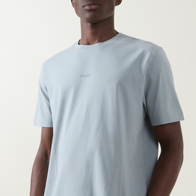 Model wearing Hugo Boss Orange Tchup Tonal Logo T-Shirt in Open Grey, crew neck with short sleeves and tonal chest logo detail