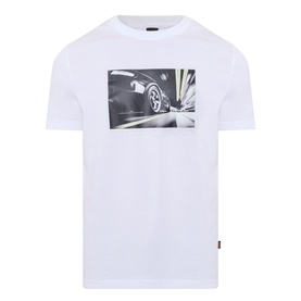 Hugo Boss Orange Te Motors Logo Graphic T-Shirt in white with car graphic print, round neck, short sleeves, and red logo tab