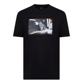 Hugo Boss Orange black crew neck T-shirt with large monochrome car graphic print on chest